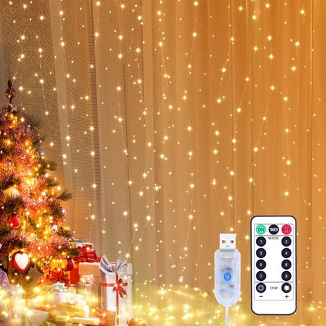 Rideau Lumineux, 3x3m Guirlande Lumineuse Rideau 300 LED Etanche IP65 Rideau Lumineux Mariage, 8 Modes d'Eclairage,Télécommande Minuterie, Decoration pour Fenêtre, Mariage (Blanc Chaud) (1/5)