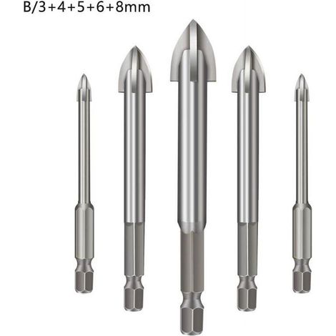 Foret Pour Verre Et Carrelage - Alliage Carbure De Tungstène YG6X - Angle Croisé - Pour Carreaux Céramiques Marbre Miroirs Verre - Lot De 5 (3 mm 4 mm 5 mm 6 mm 8 mm) (1/5)