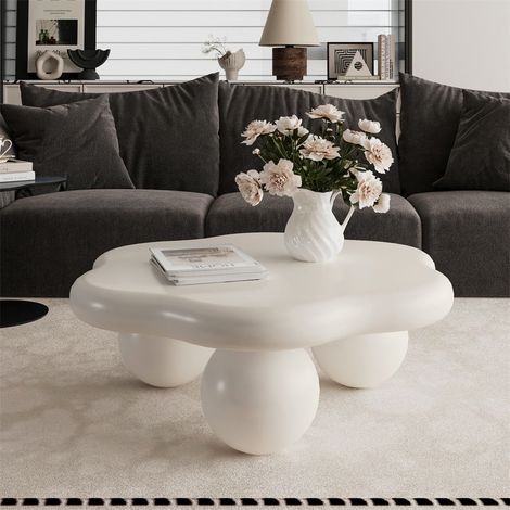Table Basse Nuage Design Moderne - 79x79x31 cm - Table de Salon Minimaliste à Pieds Sphériques pour Enfant et Animaux - Blanc Crème (1/5)