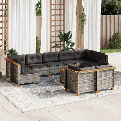 Canapé Modulaire de Jardin en Résine Tressée Gris - 10 Pièces avec Coussins Détachables et Table en Acacia (1/5)