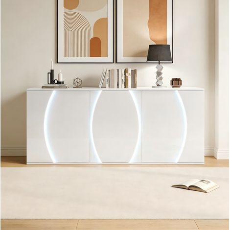 Buffet TV 150 x 40 x 70 cm blanc, 3 portes, panneau en bois, avec emplacement LED (1/5)