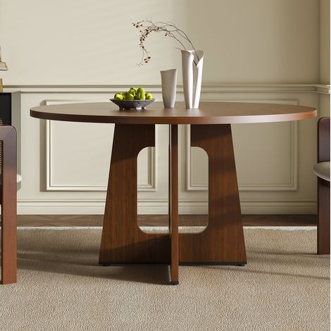 Table ronde en MDF 120 cm, aspect noyer, hauteur 76 cm, pour 4-6 personnes (1/5)