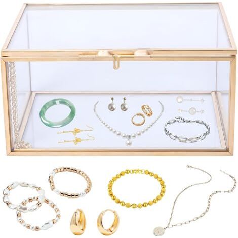 Boîte à Bijoux,Boîte de Rangement D'affichage de Bijoux en Verre Rétro,Boîte à Bijoux de Voyage,Cas de Stockage pour les Anneaux Boucles D'oreilles Collier Bracelets(Bord de Cuivre,10 7 6CM) (1/5)