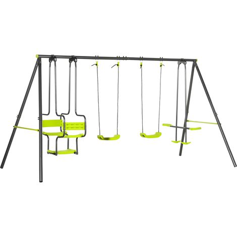Balançoire extérieure pour enfants avec 6 places assises et cadre en acier pour, 3 ans 355 x 184 x 186 cm Vert