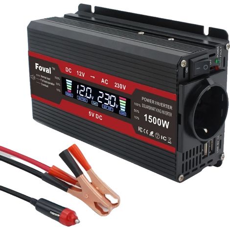 Inversor de corriente, convertidor estable de 12 V a 220 V con pantalla LCD, protección de seguridad completa para coche, camping y alimentación de respaldo, 12 V a 220 V 2600 W, enchufe europeo, 12 V (1/2)