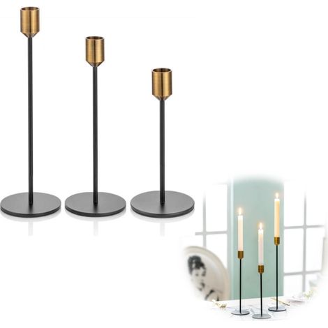 Chandelier bougeoir Doré et Noir, Lot de 3 Métal Bougeoirs Haut Or pour Bougies ConiquesDesign Moderne Décoration Centre de Table Noel Mariage