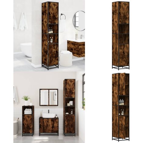 Armario de baño madera y metal roble ahumado 35x37,5x188,5 cm - Muebles de baño - Armario de baño roble ahumado