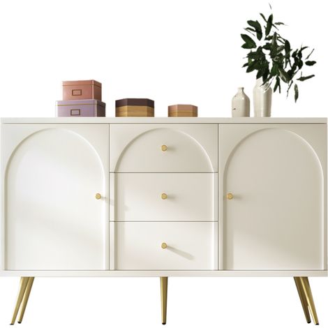 Commode 2 portes 3 tiroirs avec étagère réglable, meuble de rangement crème blanc pour salon et chambre, structure métal et bois – CHICFURN (1/5)