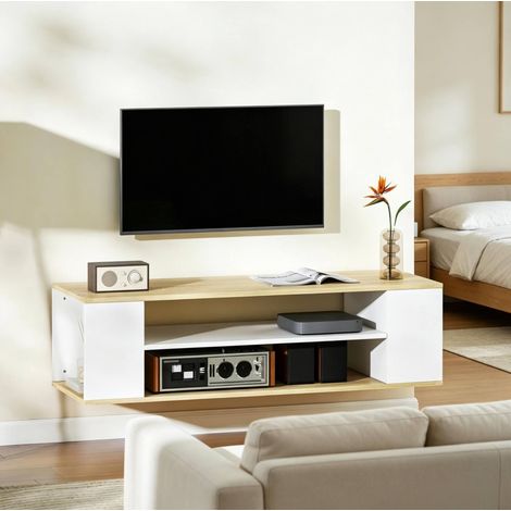 Mueble TV con ruedas (120x40x38.5 cm), para hasta 55 pulgadas, con almacenamiento, madera natural y blanco (1/5)