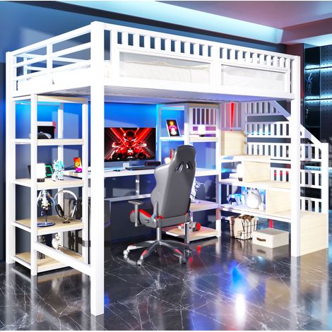 Cama alta con escritorio LED y USB para estudio blanco OKMYHOME (1/5)