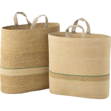 Panier rangement rayé naturel vert avec anse en roseau - Beige naturel rayure vert clair (1/3)
