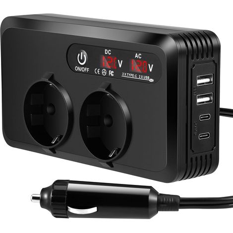 Convertisseur allume-cigare CC vers CA avec double affichage LED, convertisseur de tension 200 W 12 V vers 230 V avec 2 prises et 2 USB-C et 2 USB-A, chargeur de voiture avec prise (1/5)