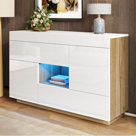 Aparador 120/76,5/37 cm blanco con frentes brillantes, LED de 16 colores y almacenaje (1/5)