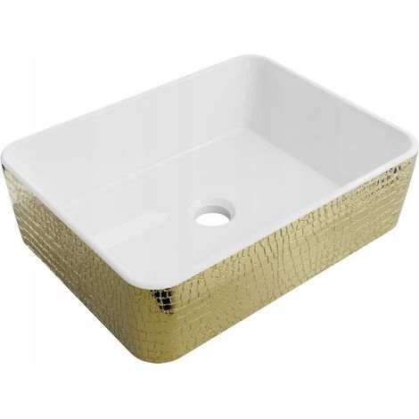 Lavabo cerámico sobre encimera, 48x37x13 cm Blanco/Dorado