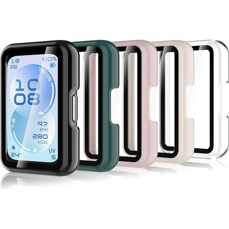 5 Pack Coque avec Verre Trempé Compatible pour Huawei Band 11, Coque Rigide en PC HD avec Protection D'écran, Résistant Aux Rayures, Transparent/Noir/Rose/Blanc/Vert (1/5)