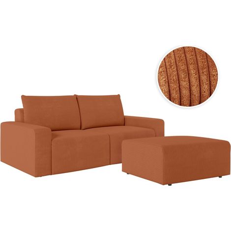 PACK - Canapé droit fixe 2 places ROMANE avec pouf en velours côtelé - Terracotta (1/5)