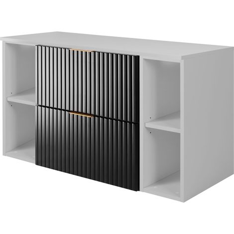 Furnidea - Meuble sous vasque FLOW NOIR 100 cm avec 2 x l'étagères - extensions et plan BLANC - 2 tiroirs - façades rainurées (1/5)