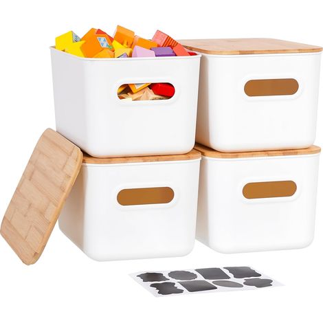Lot de 4 Boîtes de Rangement 6.5L Plastique avec Couvercle en Bambou Boîtes de Rangement Empilables pour Organiser Panier de Rangement avec Poignées 25,7x17,7x15,8cm,Blanc (1/5)