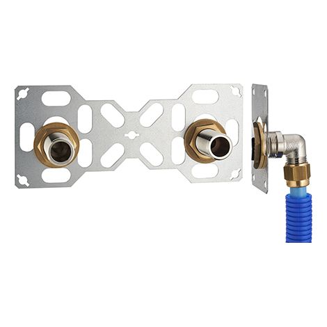 FIXSYSTEM doble : kit completo para la fijación de un grifo mural con una distancia entre ejes de 150 mm Codos de alimentación por compresión en tubo PER NOYON & THIEBAULT - Ø 16 mm, salida 3/4' macho