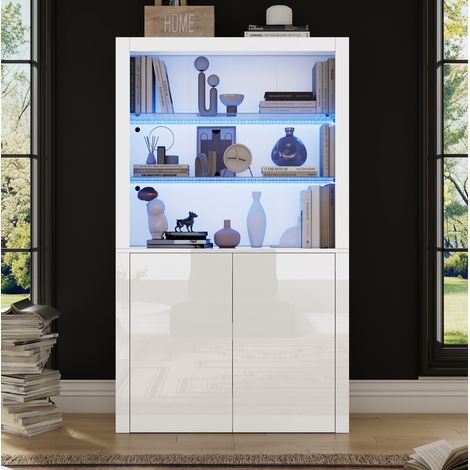 Credenza alta 100x35x170 cm in MDF laccato lucido con illuminazione LED e ripiano in vetro, per soggiorno e sala da pranzo, bianca (1/5)