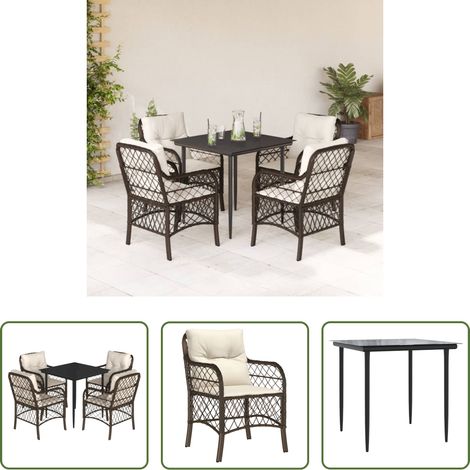 Gartenessgruppe - 5-tlg. Garten-Essgruppe mit Kissen Braun Poly Rattan (1/5)