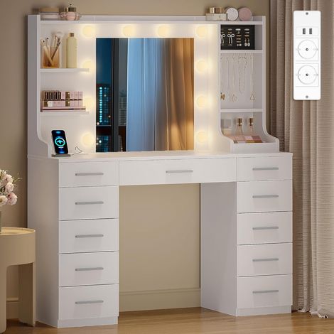 Toeletta Trucco, Postazione Trucco con Luce LED Regolabile, 11 Cassetti e 6 Ganci per Gioielli, Include Spazio per Anelli, Toeletta da Trucco con Prese Elettriche, Bianco