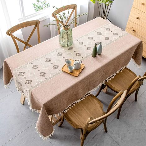 Nappe rectangulaire en lin et coton, coutures carrées avec pompons, lavable en machine pour table de cuisine (140 x 140 cm)C (1/5)