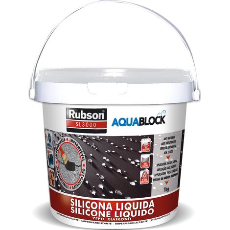 Rubson Aquablock Silicone Liquido SL3000, Facile e Sicuro da Usare, per Impermeabilizzazione e Riparazione di Tetti e Coperture Piani e Inclinati, Guaine, Fioriere, Bianco, Secchio 1kg (1/2)