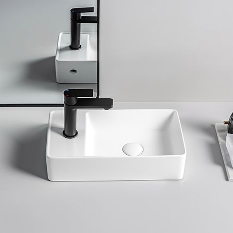 Gäste WC Waschbecken SOHO 2.0 in 46 x 25 x 12 cm aus feinster Keramik für Wandmontage oder als Aufsatzwaschbecken mit Hahnloch:Hahnloch Links
