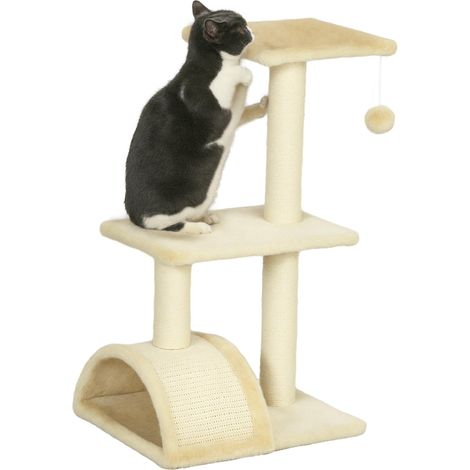 Arbre à chat à 3 niveaux, tour à chat avec poteaux en sisal, griffoir et balle suspendue, couleur crème (1/5)