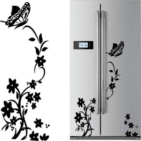 2pcs Noir Fleur Vigne Stickers Muraux Réfrigérateur en PVC Papillon Autocollant Murales Amovible Art Décor pour Placard Maison Cuisine - 5730CM