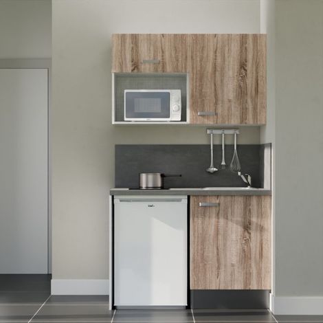 Kitchenette K07 Bois - Plan de travail Gris béton - Crédence : Oui - Evier Inox