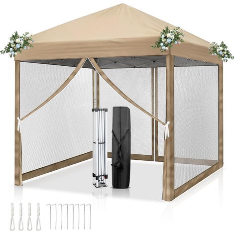 Faltpavillon 3x3m Khaki mit Moskitonetzen, UV-Schutz 50+, wasserdicht (1/5)
