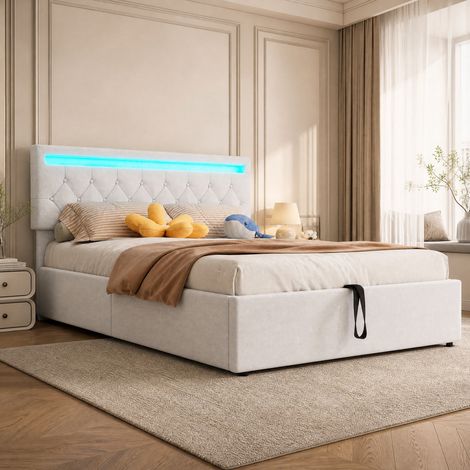 MEUBLIV Letto contenitore 140x200 cm bianco con LED, USB-C e vano, senza materasso (1/5)