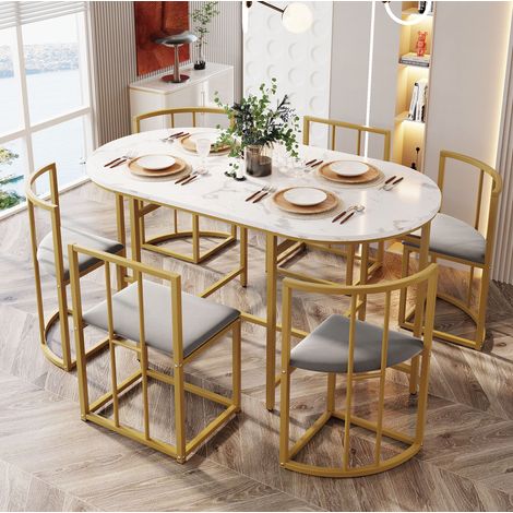 Conjunto mesa de comedor con 6 sillas 140 x 80 x 76 cm MDF blanco y dorado DESVIAE (1/5)