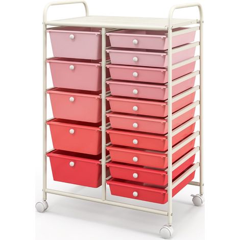 Chariot de rangement avec 15 tiroirs 63 x 37 x 87 cm pratique et mobile en fer rose