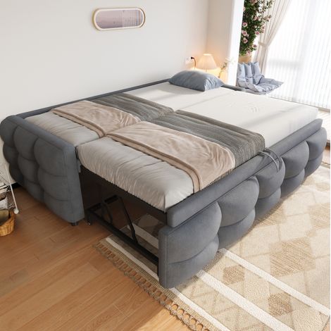 Divano letto estensibile 90/180x190 cm con rete, grigio, tessuto peluche, senza materasso FloraGrace (1/5)