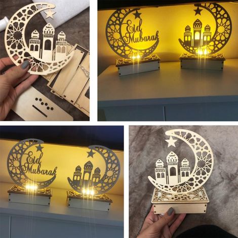 Ensemble de 4 décorations artisanales en bois à LED pour l'Aïd al-Fitr/Ramadan avec lettres ajourées JM01873+JM01874+JM01875+JM01891 (1/5)