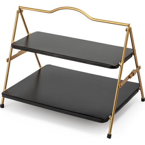 Artesa - Soporte de metal para servir de 2 niveles, apto para alimentos, plegable, para pasteles, té de la tarde, aperitivos, 39,3 cm x 26 cm, dorado y negro