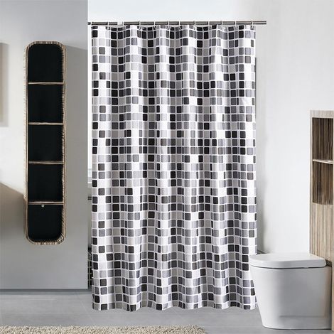 Rideau de Douche Plaid Mosaïque 86x200cm Extra Long et Imperméable en Tissu Polyester Lavable en Machine Avec Crochets Pour Salle de Bain, Maison, Hôtel (1/5)
