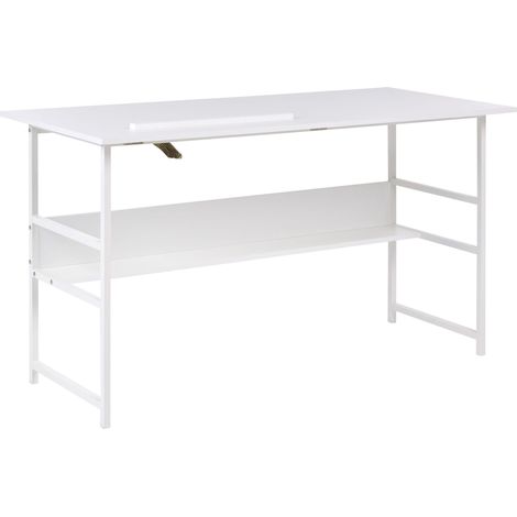 Bureau d'Appoint avec Plateau Réglable et Étagère Inférieure Panneaux de Particules 140 x 50 cm Blanc Oran (1/5)