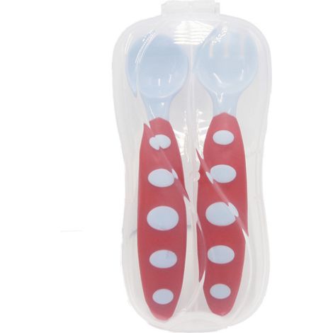 Lot de couverts bébé fourchette et cuillère réutilisables en PP, couleurs vives gris et rouge, pour tout-petits, portable à la maison ou au restaurant (1/5)
