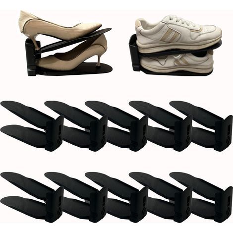 Set of 10 Shoe Slot Adjusters, Double Layer, Adjustable, Saves Space in Wardrobe and Shoe Cabinet (Black) (1/4)