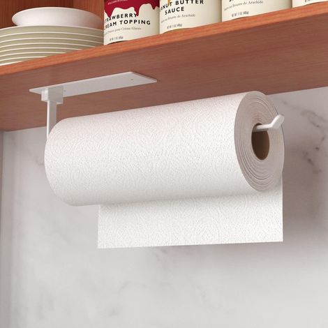 1 - Porte-Rouleau - Support Papier - Adhésif Sans Perçage - Rangement Cuisine Salle De Bain - Blanc - 31x5cm