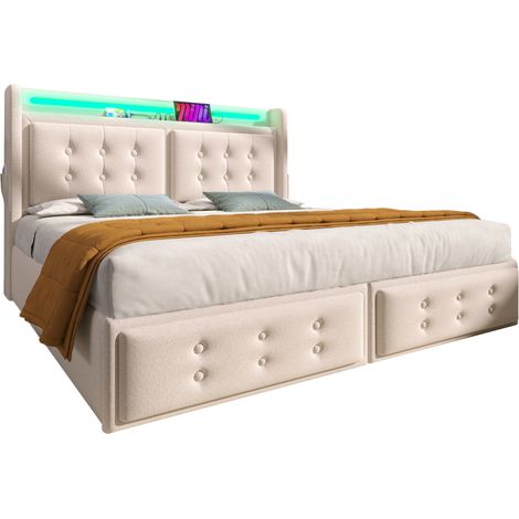 Lit coffre 160x200 avec tête de lit LED, prises USB-C, rangement hydraulique, sommier à lattes bois-métal et tissu coton-lin beige pour chambre moderne - CHICFURN (1/5)