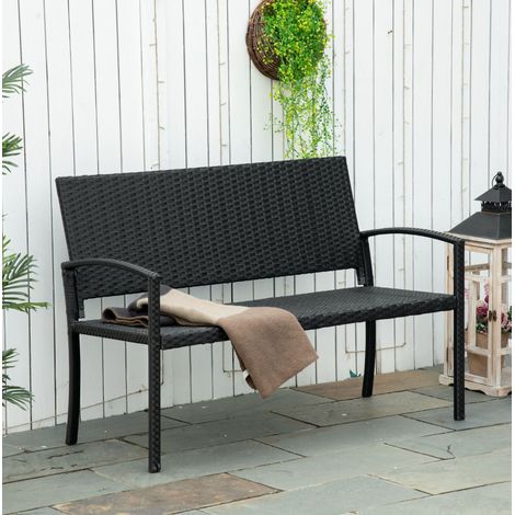 Banco de jardín 2 plazas de poliratán, estructura de acero, negro 122 x 60 x 85 cm DESVIAE (1/5)