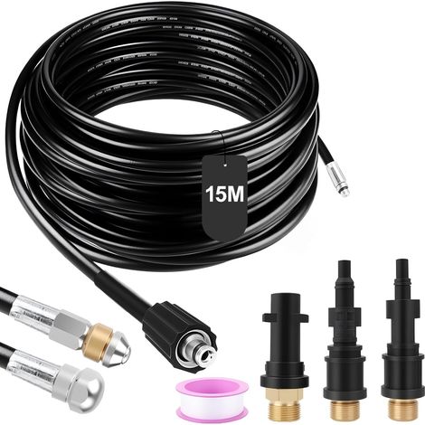 Tuyau de rechange de 15 m compatible avec Karcher K2 K3 K4 K5 K6 K7, pour Lavor pour Bosch et Parkside Comprend 3 adaptateurs, 2 buses et 1 ruban adhésif (1/5)