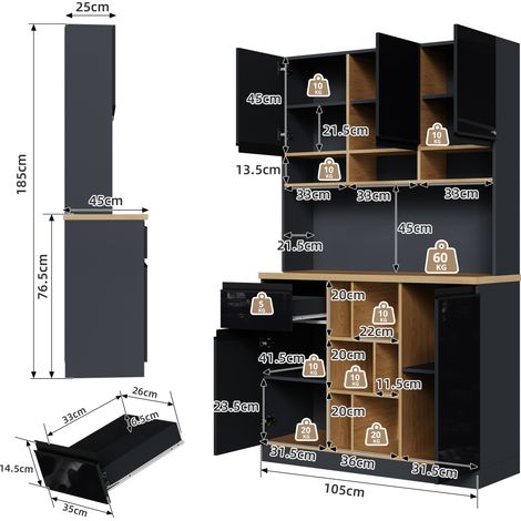 Buffet moderne 105x45x185cm, armoire de cuisine avec portes, rangement mural, gris et noir, poignées en métal, étagères réglables, tiroirs, espace ouvert, accessoire anti-bascule, idéal pour cuisine,  (1/5)