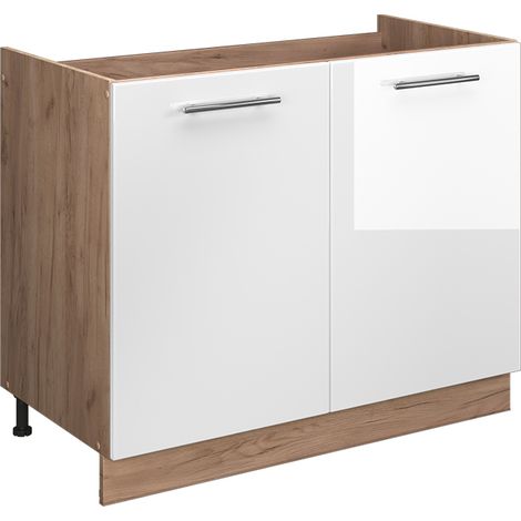 Mueble bajo para fregadero Fame-Line, Blanco alto brillo/Roble dorado, 100 cm sin encimera, Vicco (1/5)