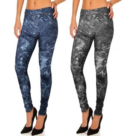 Trade Shop - Establecer 2 Leggings De Estilo Denim Mod. Alisha Con Textura Floral Y Bolsillos -
